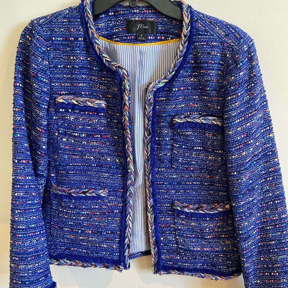 J. Crew Blue Lady Jacket In Multicolor Cobalt Tweed With Braided Trim
